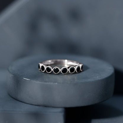 Beaded Bezel Set Black Onyx Half Eternity Wedding Band