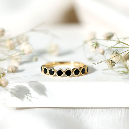 Beaded Bezel Set Black Onyx Half Eternity Wedding Band