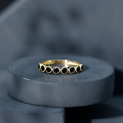 Beaded Bezel Set Black Onyx Half Eternity Wedding Band