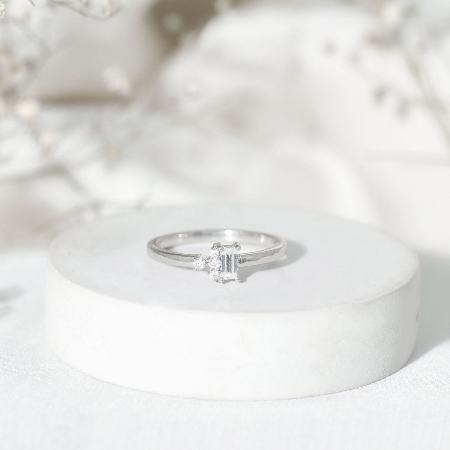 Dainty Promise Ring with Baguette and Round Moissanite