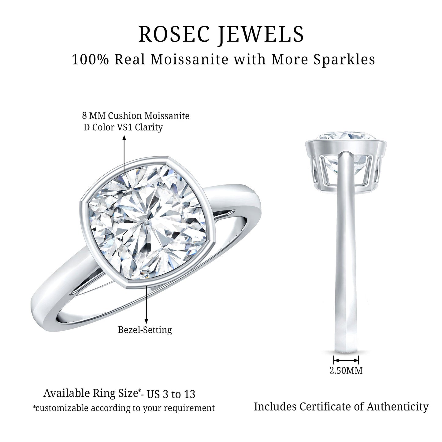 Bezel Set Cushion Cut Moissanite Solitaire Engagement Ring