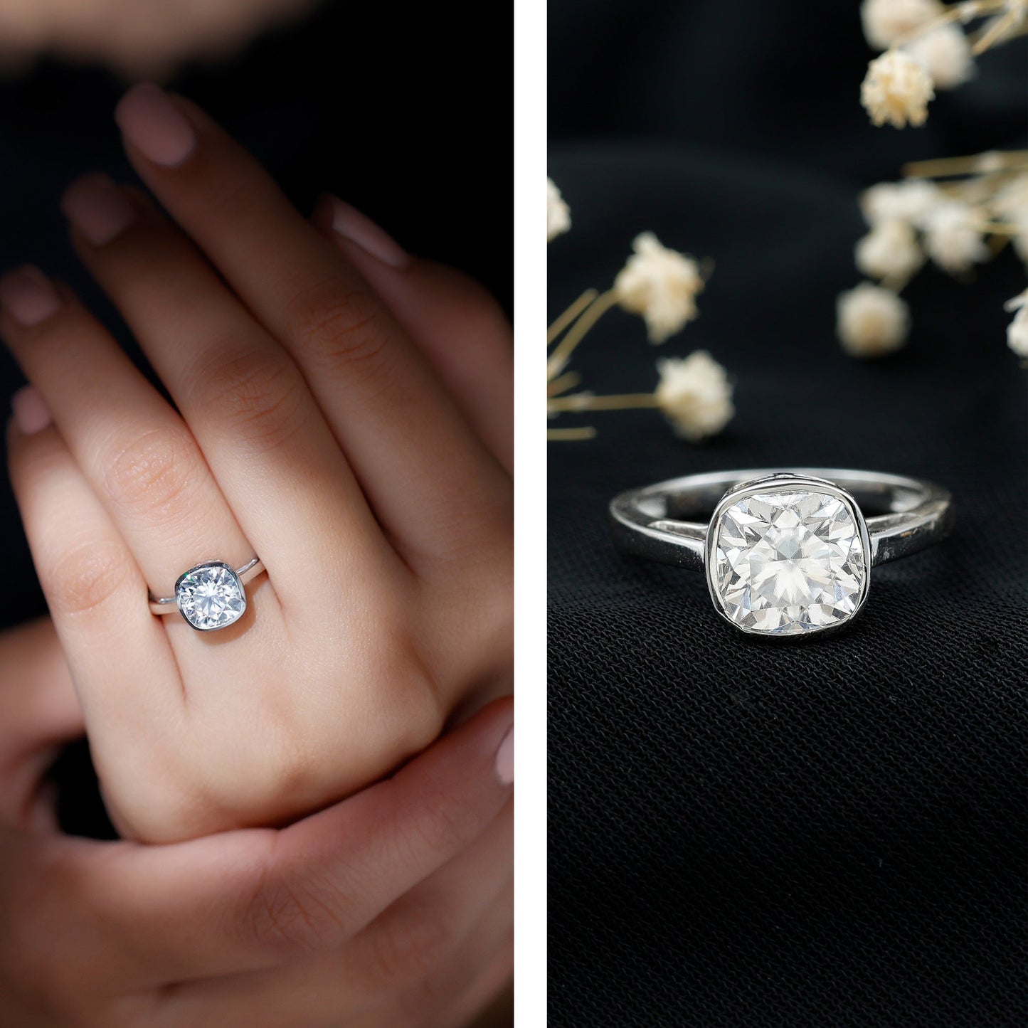 Bezel Set Cushion Cut Moissanite Solitaire Engagement Ring