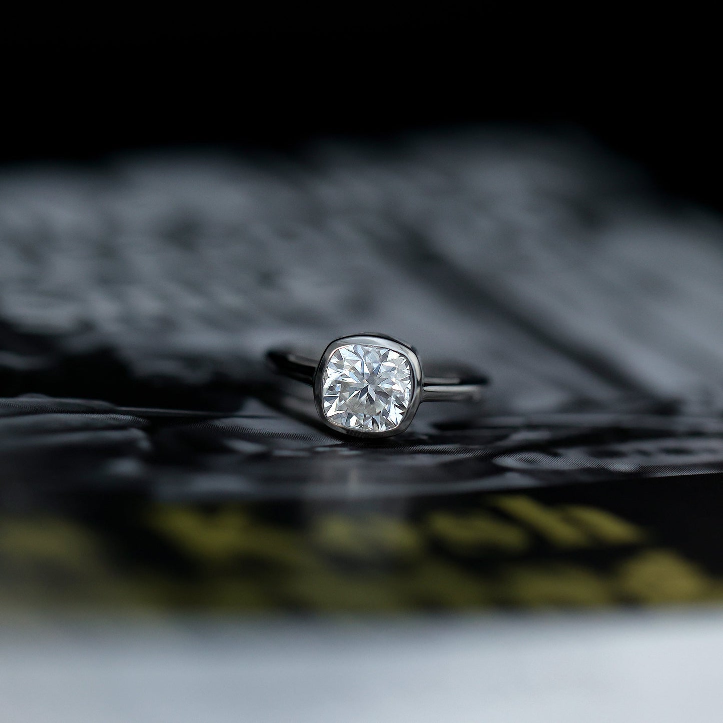 Bezel Set Cushion Cut Moissanite Solitaire Engagement Ring
