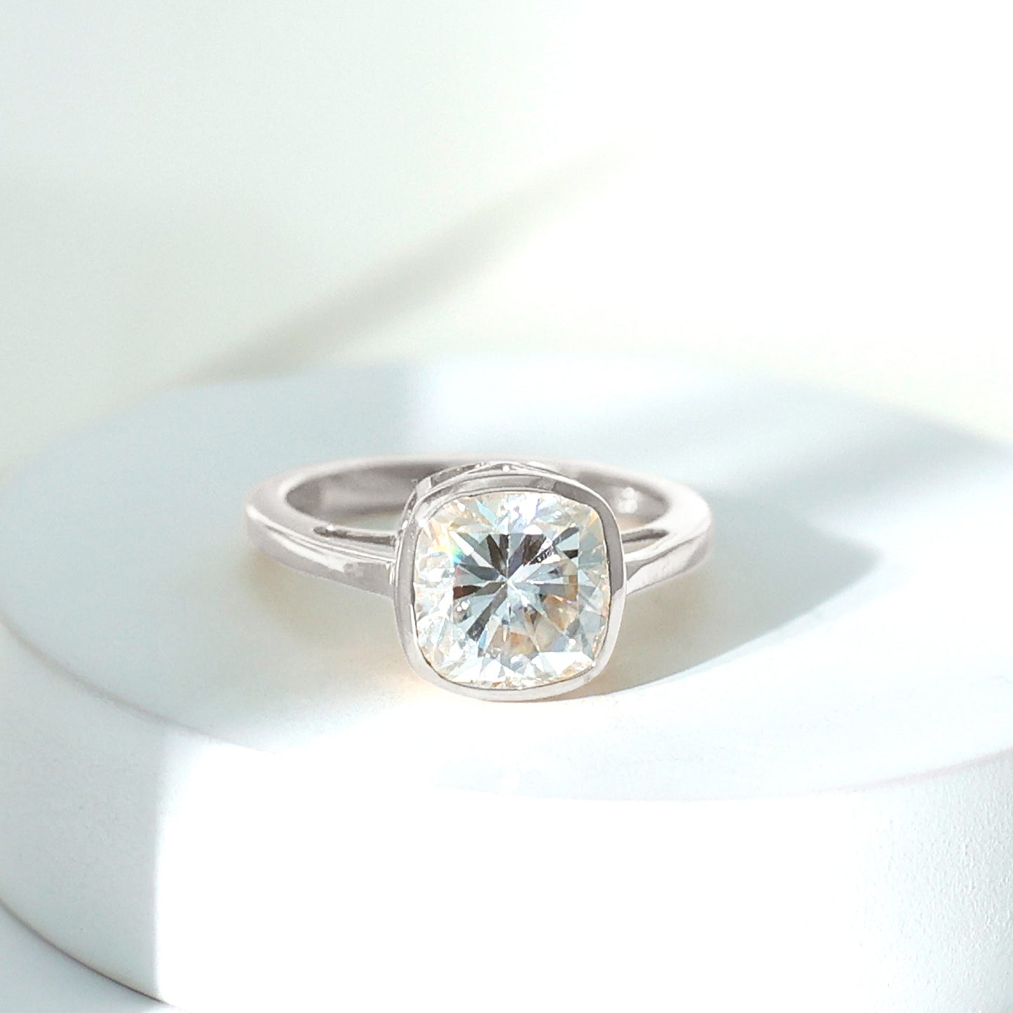 Bezel Set Cushion Cut Moissanite Solitaire Engagement Ring