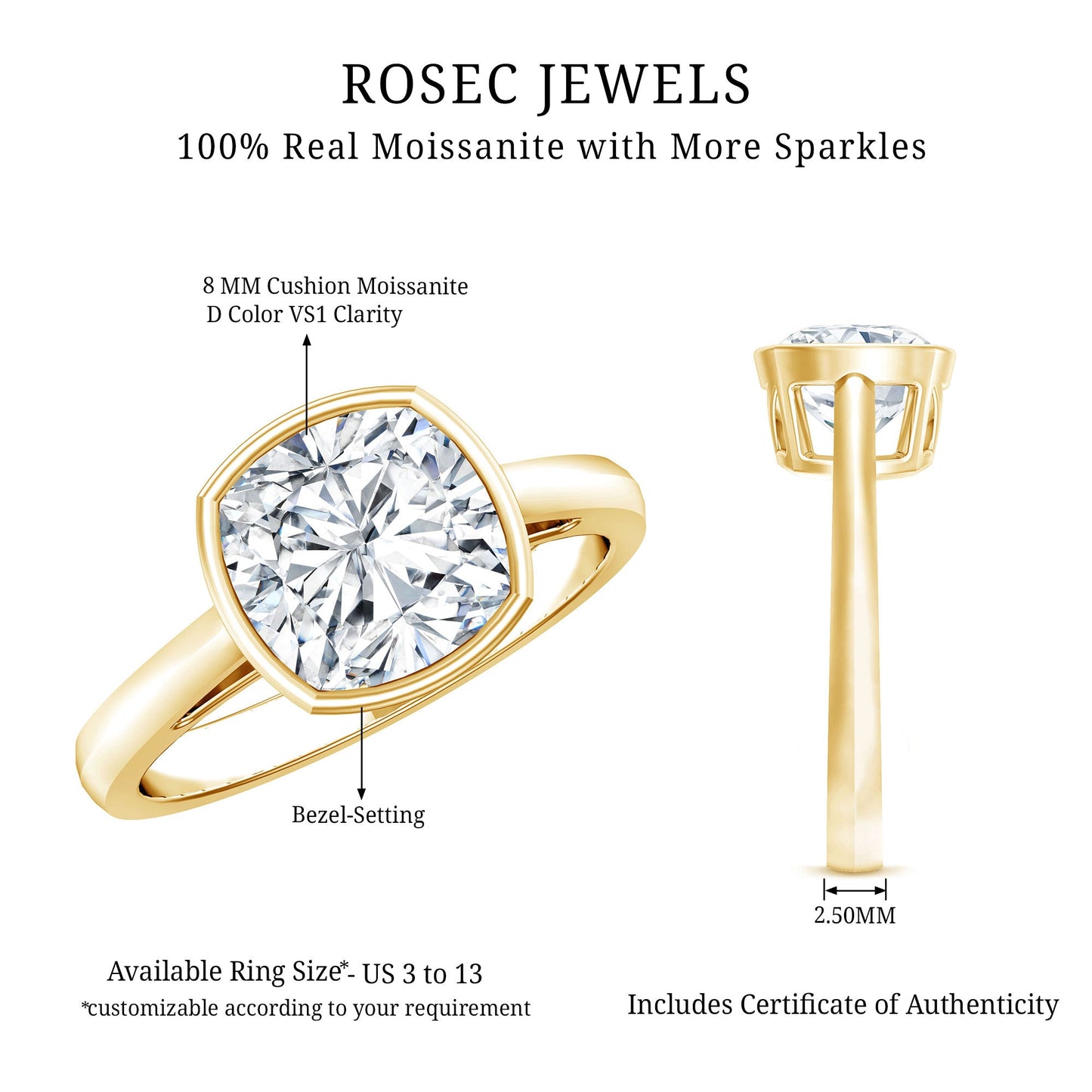 Bezel Set Cushion Cut Moissanite Solitaire Engagement Ring