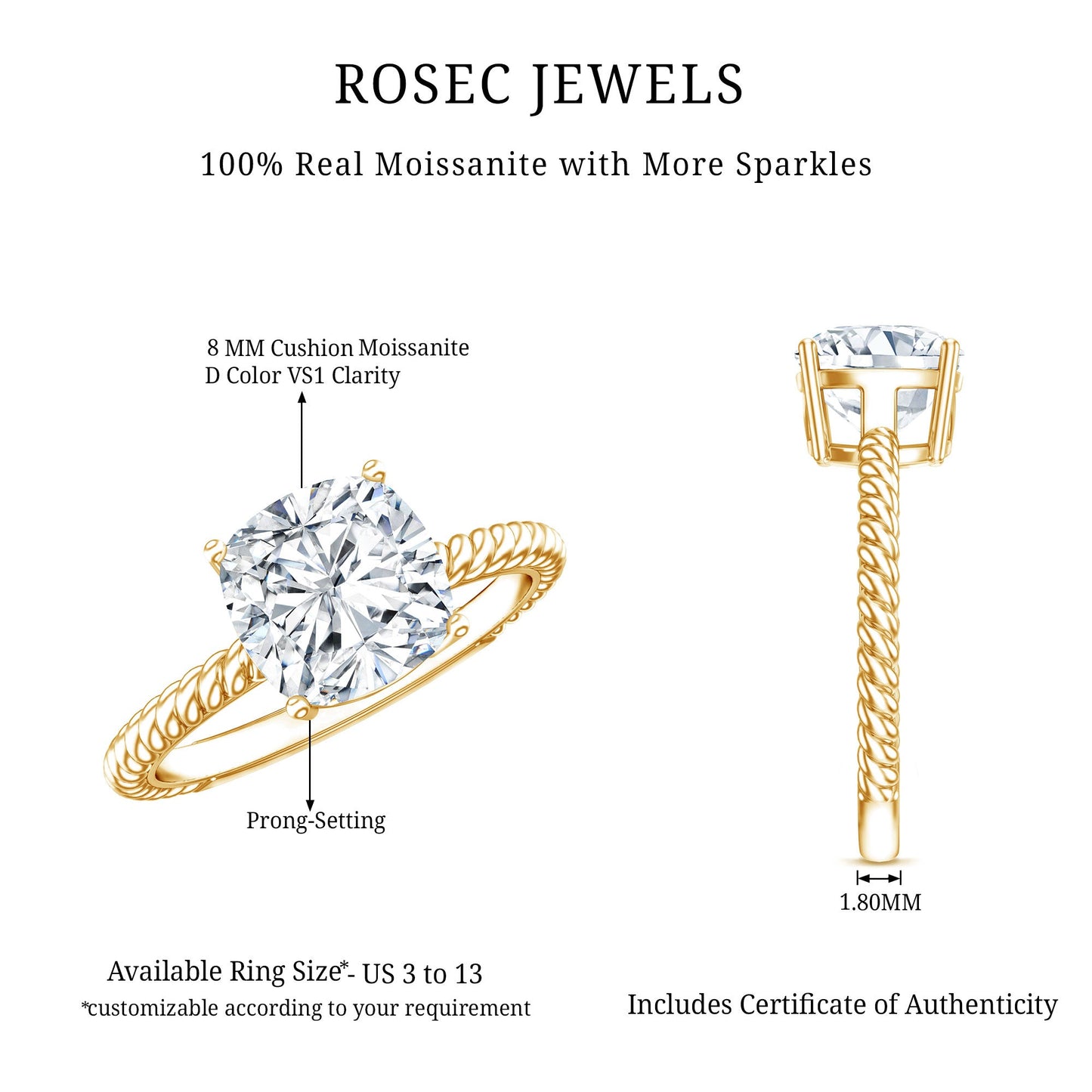 3 CT Certified Moissanite Cushion Cut Engagement Ring