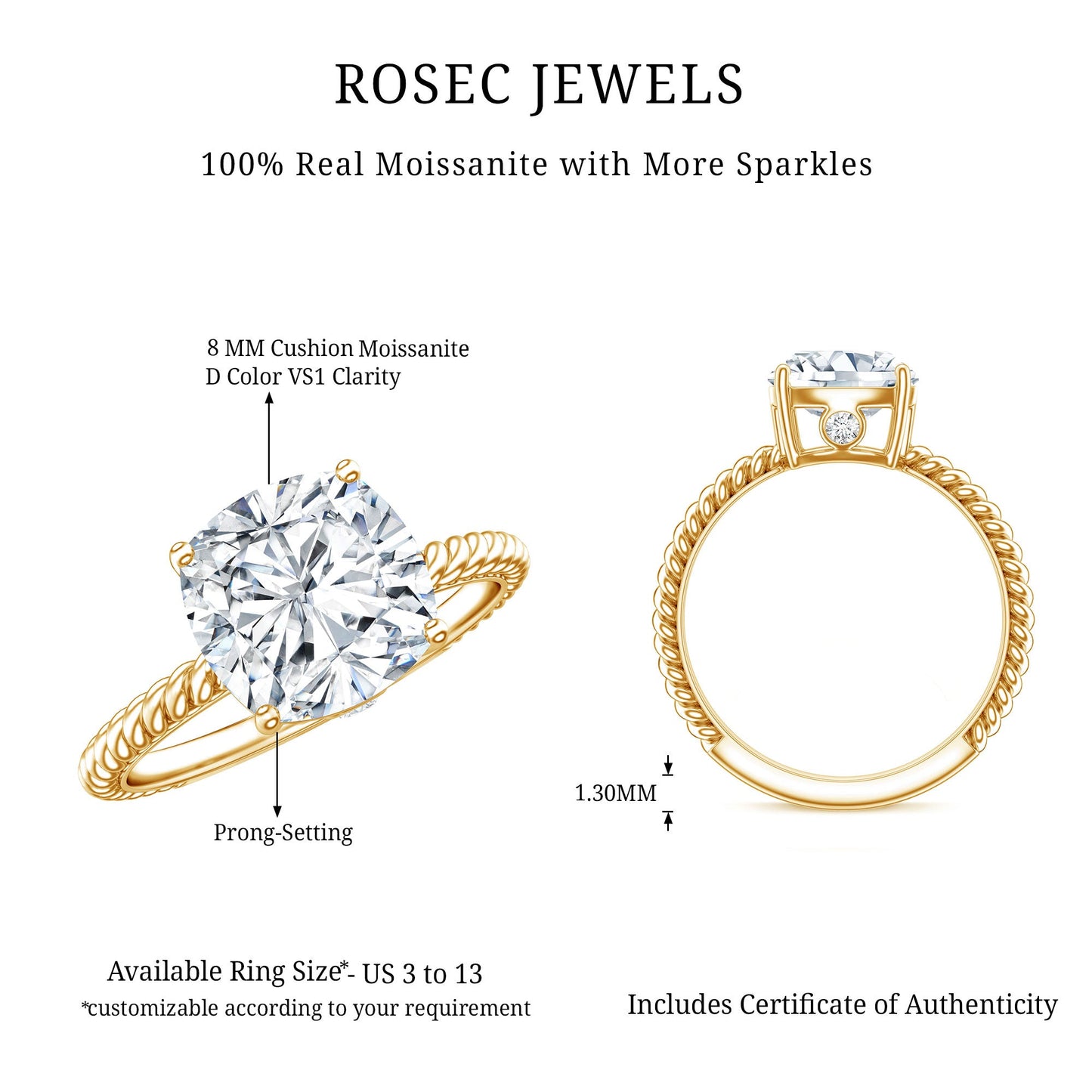 Cushion Cut Moissanite Solitaire Engagement Ring with Twisted Rope