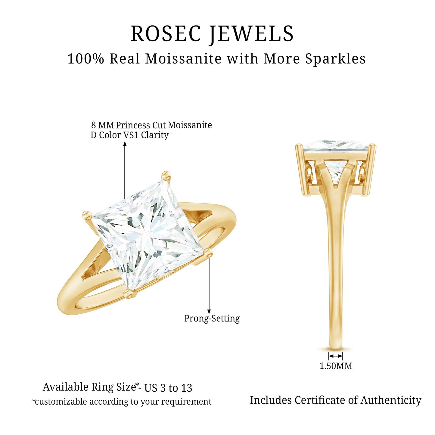 Certified 3 Carat Moissanite Princess Cut Engagement Ring with Split Shank