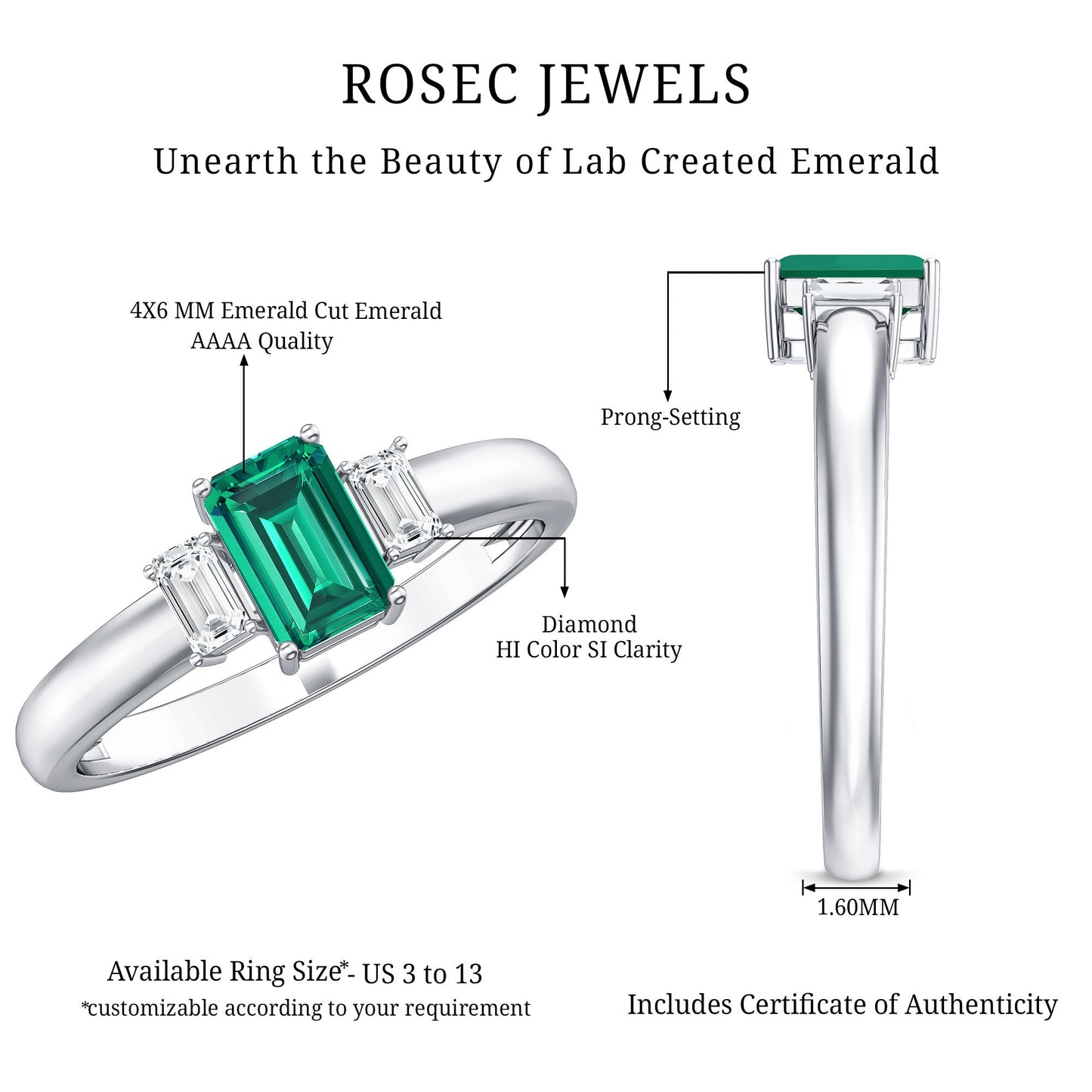 Emerald Cut Emerald and Diamond 3 Stone Promise Ring for Her