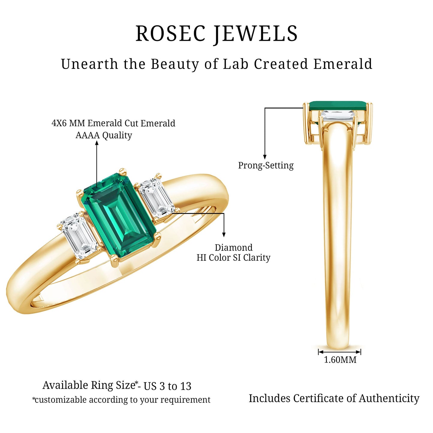 Emerald Cut Emerald and Diamond 3 Stone Promise Ring for Her