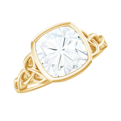 Cushion Cut Moissanite Solitaire Celtic Knot Ring in Bezel Setting