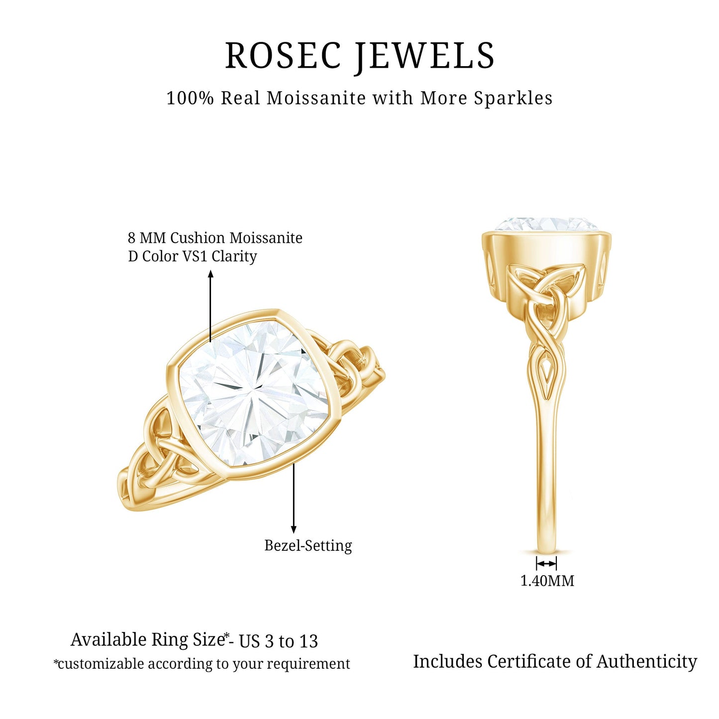 Cushion Cut Moissanite Solitaire Celtic Knot Ring in Bezel Setting