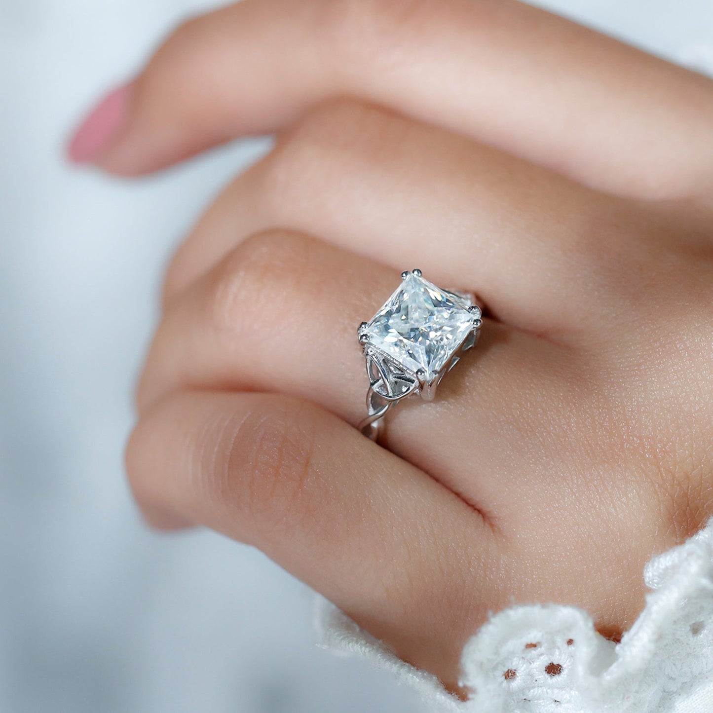 Moissanite Princess Cut Engagement Ring With Celtic Knot Design
