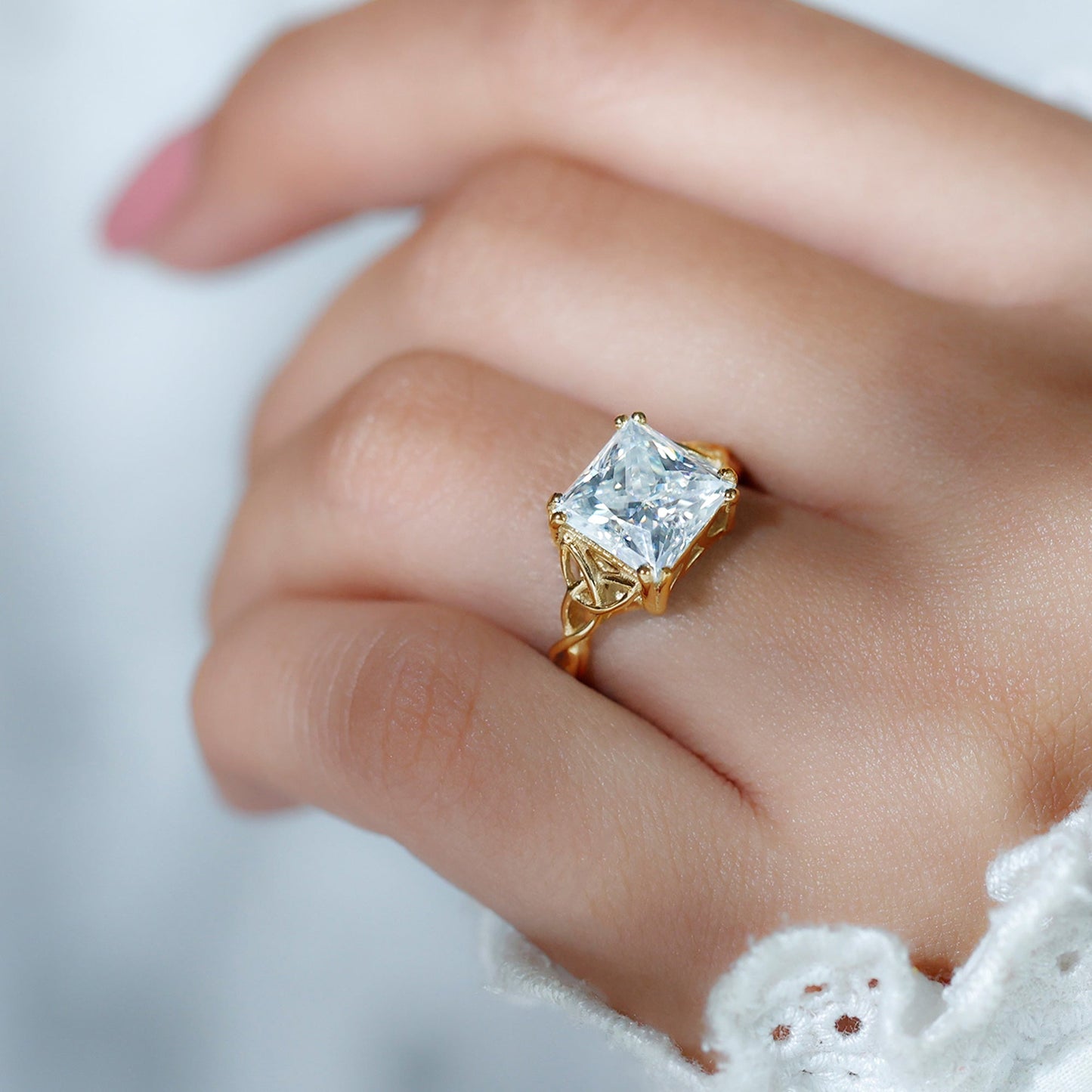 Moissanite Princess Cut Engagement Ring With Celtic Knot Design