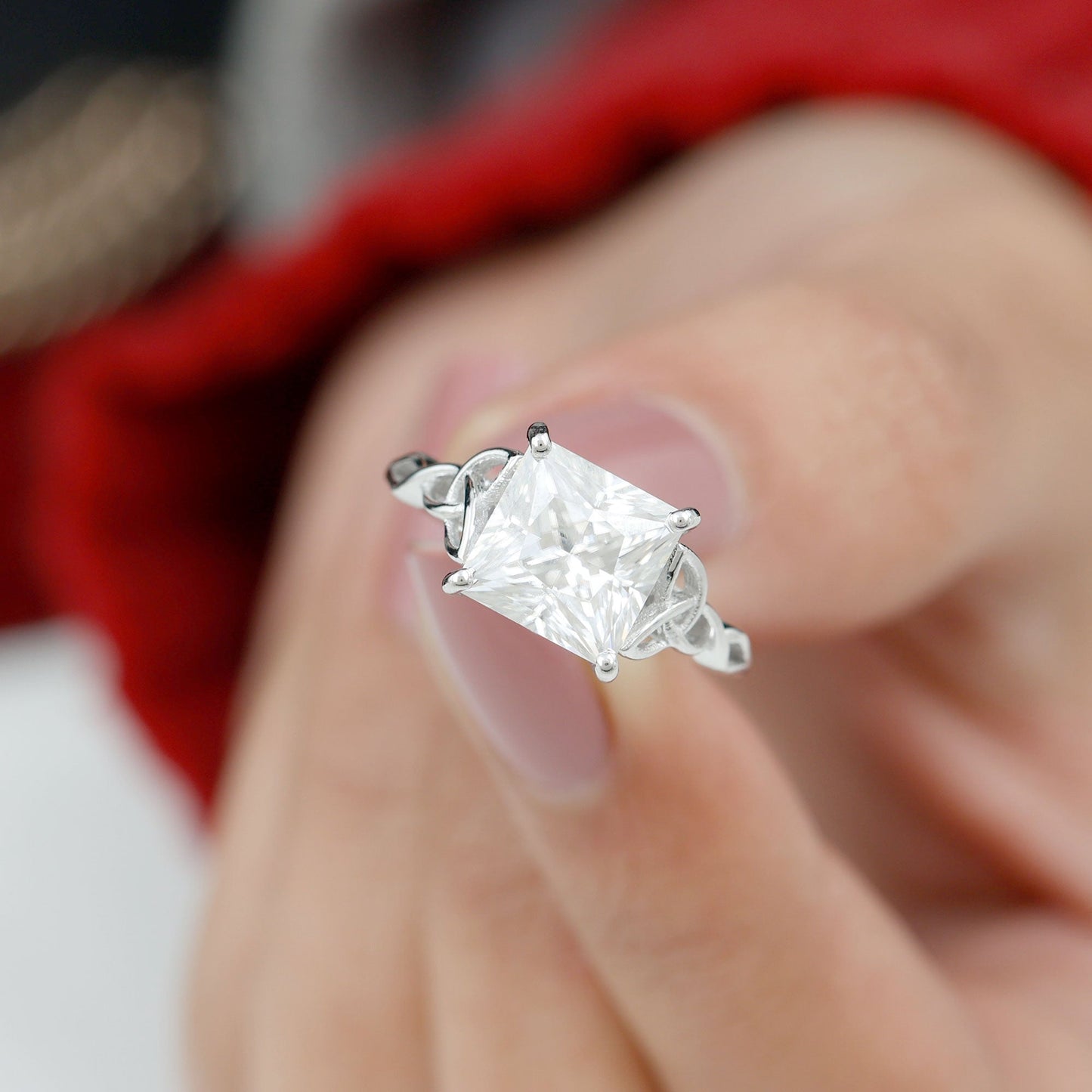 Princess Cut Moissanite Celtic Knot Engagement Ring for Women