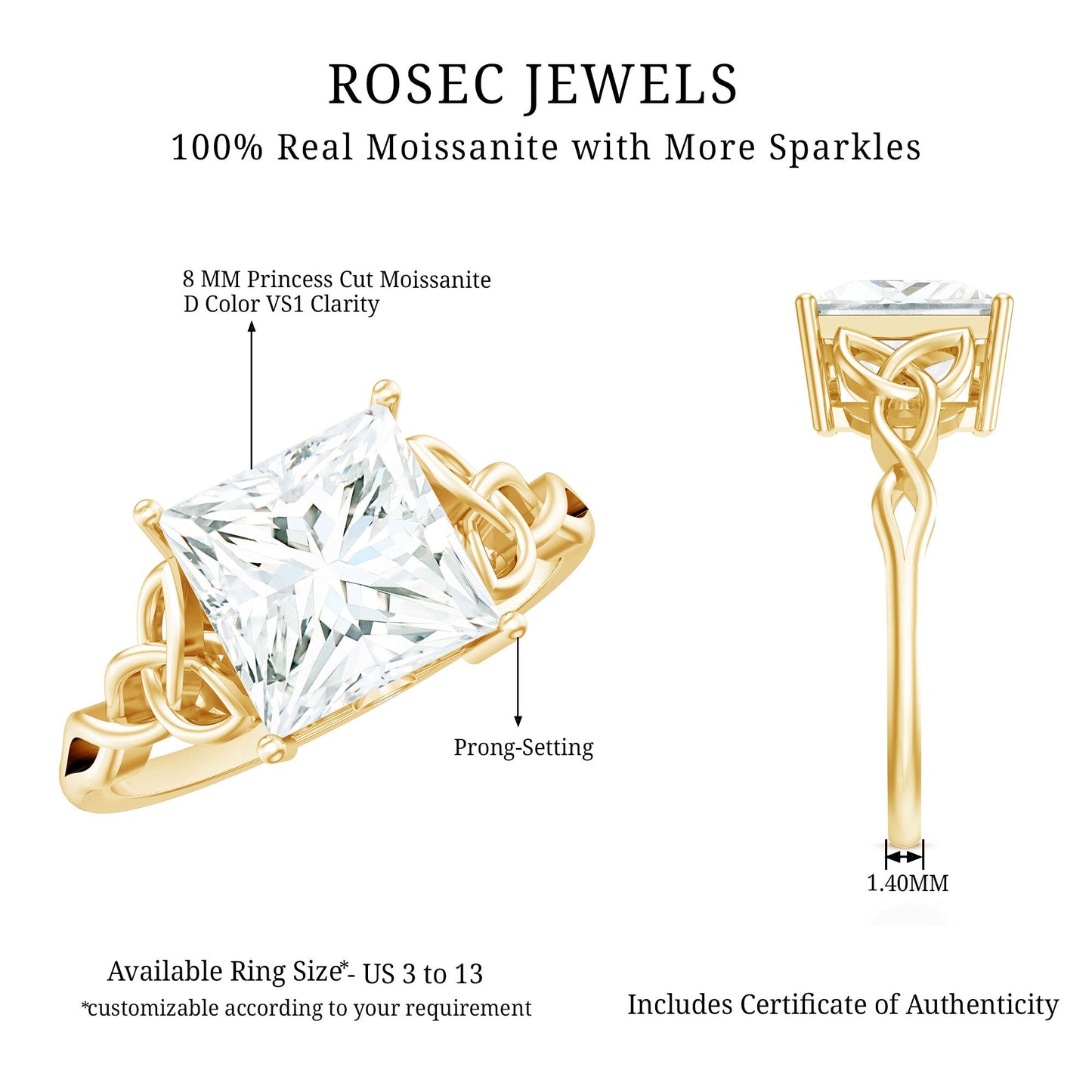 Princess Cut Moissanite Celtic Knot Engagement Ring for Women