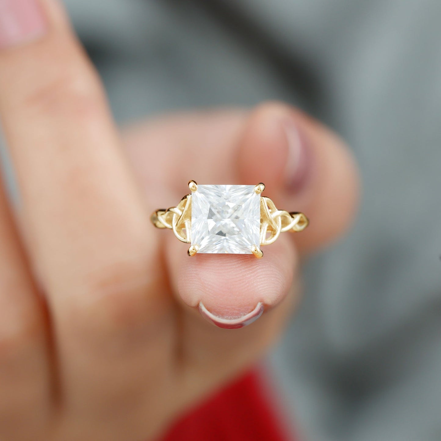 Princess Cut Moissanite Celtic Knot Engagement Ring for Women