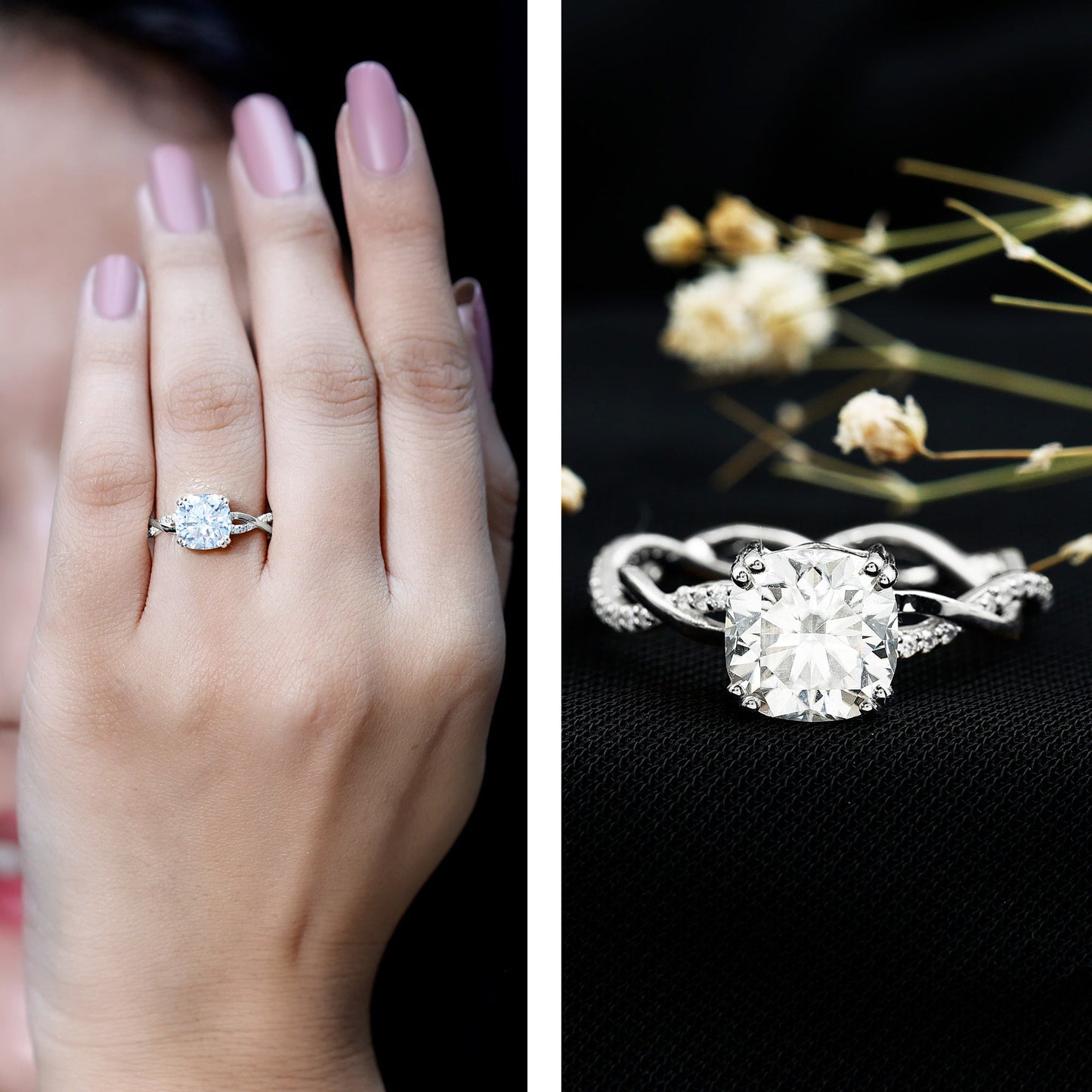 Cushion Cut Solitaire Moissanite Braided Engagement Ring