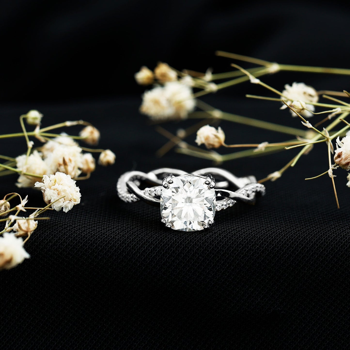 Cushion Cut Solitaire Moissanite Braided Engagement Ring