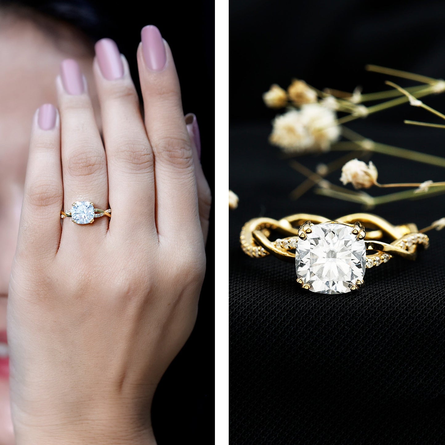 Cushion Cut Solitaire Moissanite Braided Engagement Ring