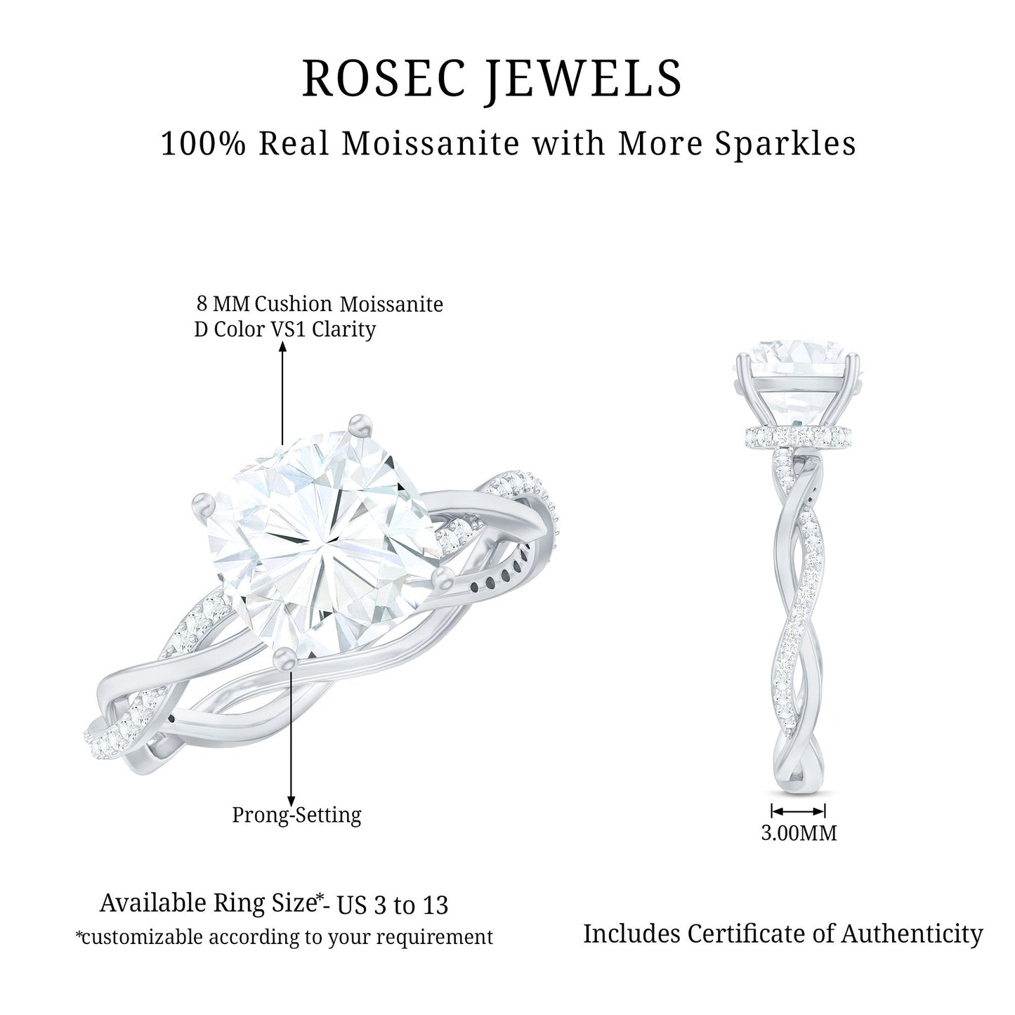 3 Carat Moissanite Cushion Cut Hidden Halo Engagement Rings