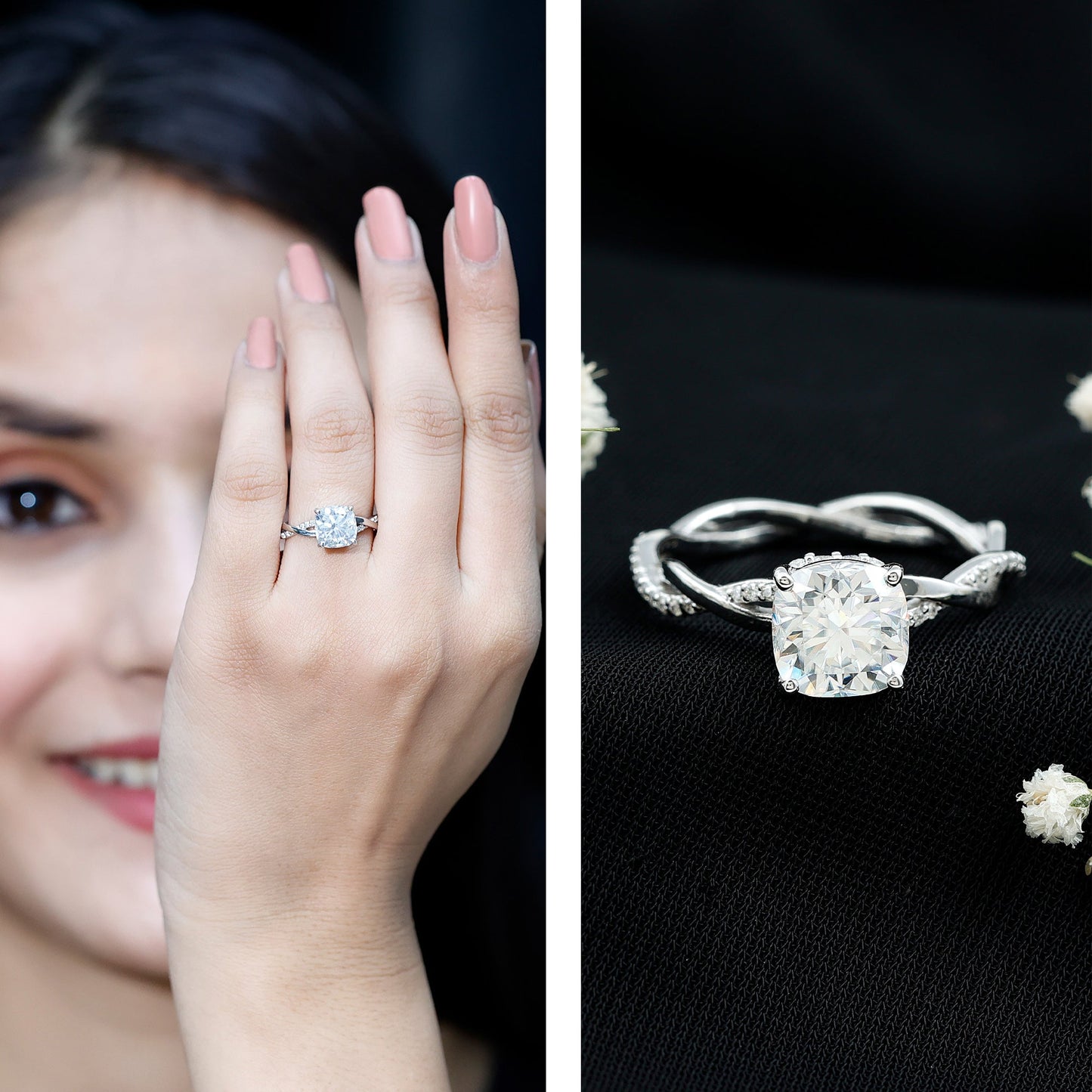 3 Carat Moissanite Cushion Cut Hidden Halo Engagement Rings