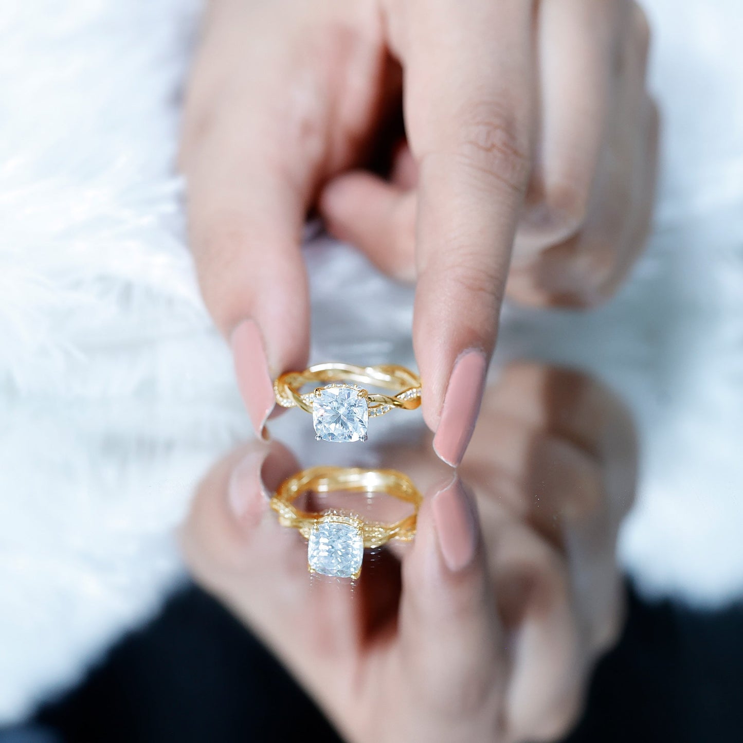 3 Carat Moissanite Cushion Cut Hidden Halo Engagement Rings