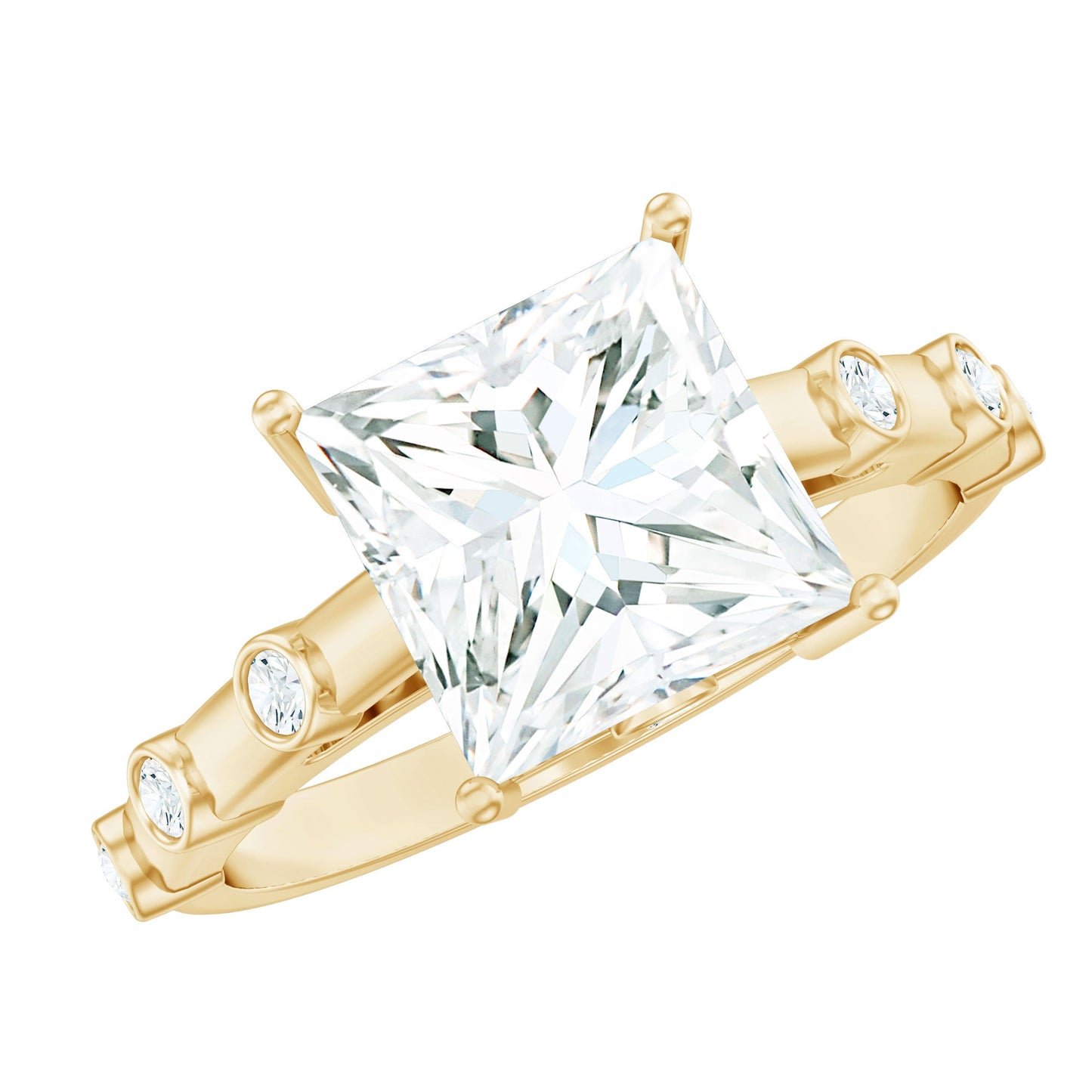 Princess Cut Moissanite Solitaire Engagement Ring with Spaced Accent