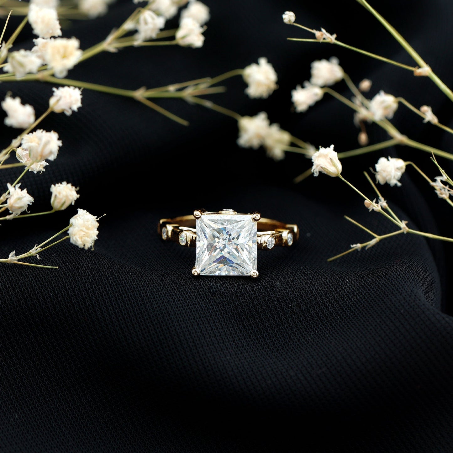 Princess Cut Moissanite Solitaire Engagement Ring with Spaced Accent