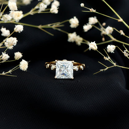 Princess Cut Moissanite Solitaire Engagement Ring with Spaced Accent