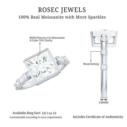 Bezel Set Moissanite Princess Cut Engagement Ring with Spaced Accent