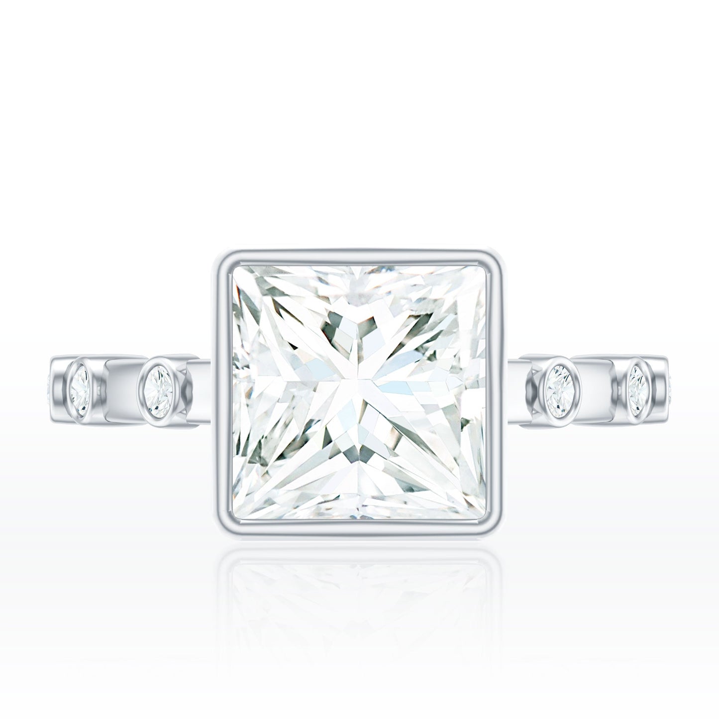 Bezel Set Moissanite Princess Cut Engagement Ring with Spaced Accent