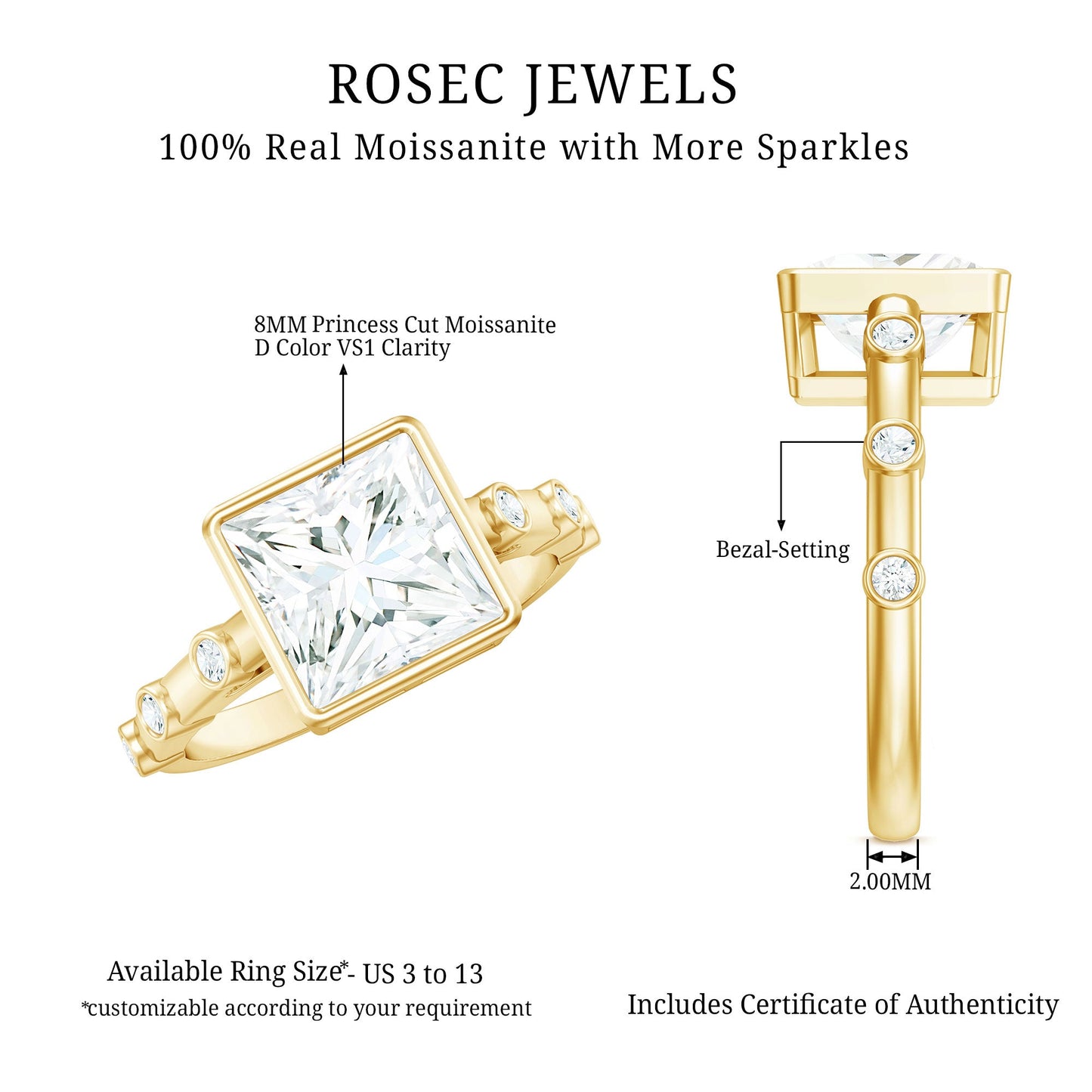 Bezel Set Moissanite Princess Cut Engagement Ring with Spaced Accent