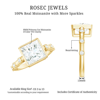 Bezel Set Moissanite Princess Cut Engagement Ring with Spaced Accent