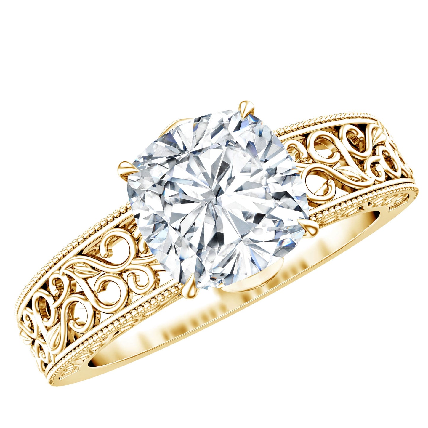 3 Carat Cushion Cut Moissanite Engagement Ring with Filigree Details
