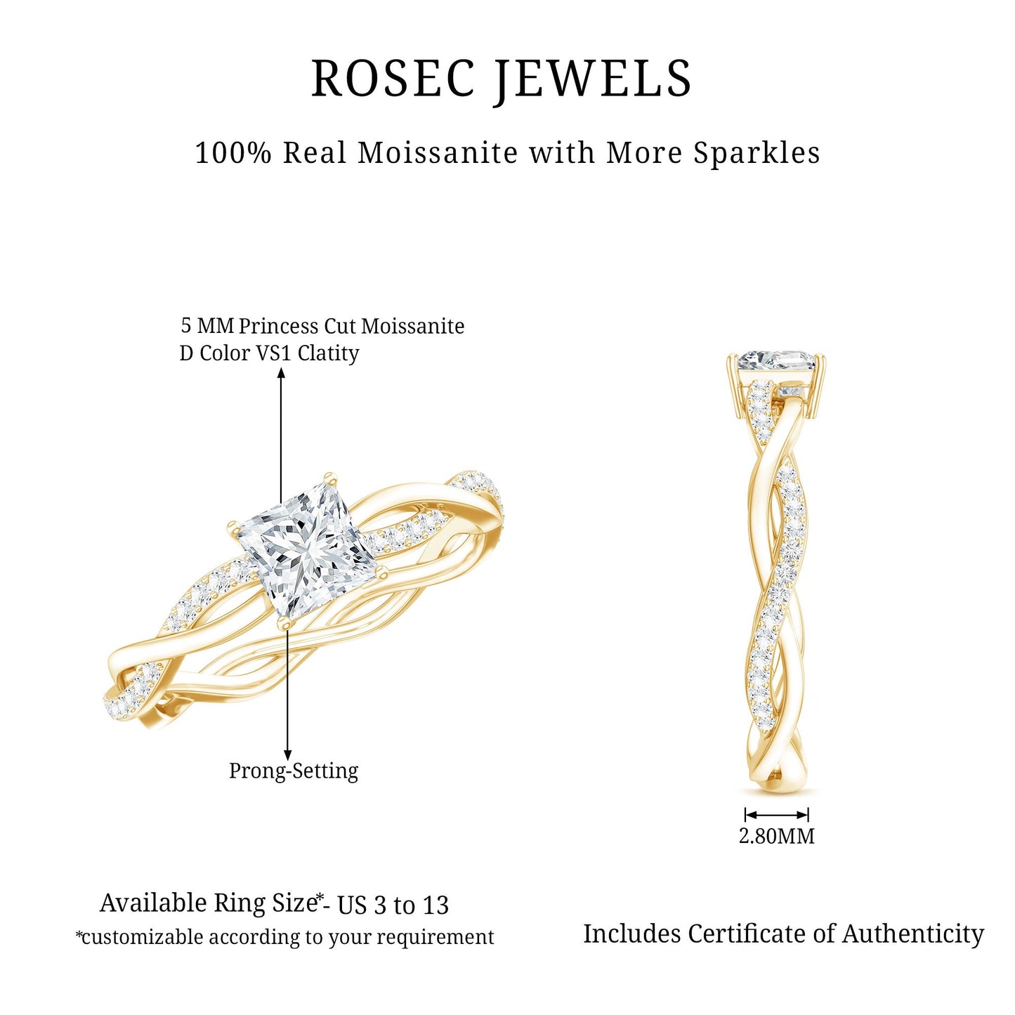 Princess Cut Moissanite Braided Engagement Ring for Women