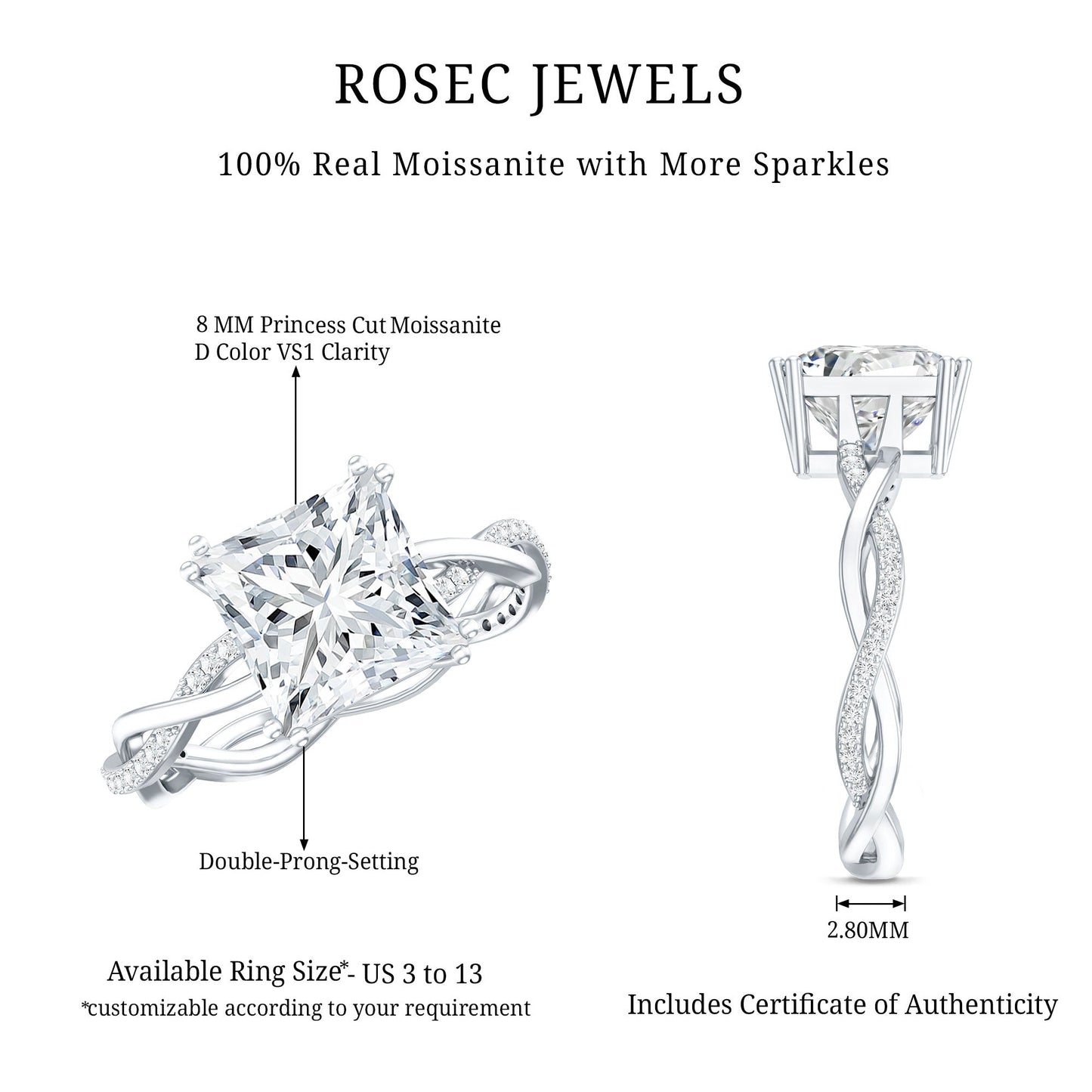 3 CT Princess Cut Moissanite Engagement Ring in Double Prong Setting
