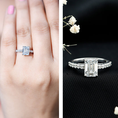 Certified Moissanite Emerald Cut Engagement Ring with Hidden Halo