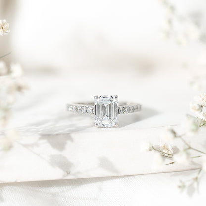 Certified Moissanite Emerald Cut Engagement Ring with Hidden Halo