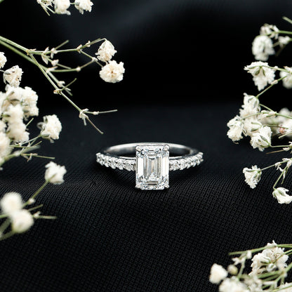 Certified Moissanite Emerald Cut Engagement Ring with Hidden Halo