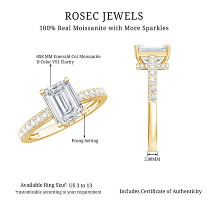 Certified Moissanite Emerald Cut Engagement Ring with Hidden Halo