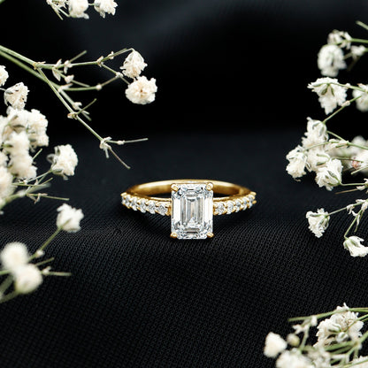 Certified Moissanite Emerald Cut Engagement Ring with Hidden Halo