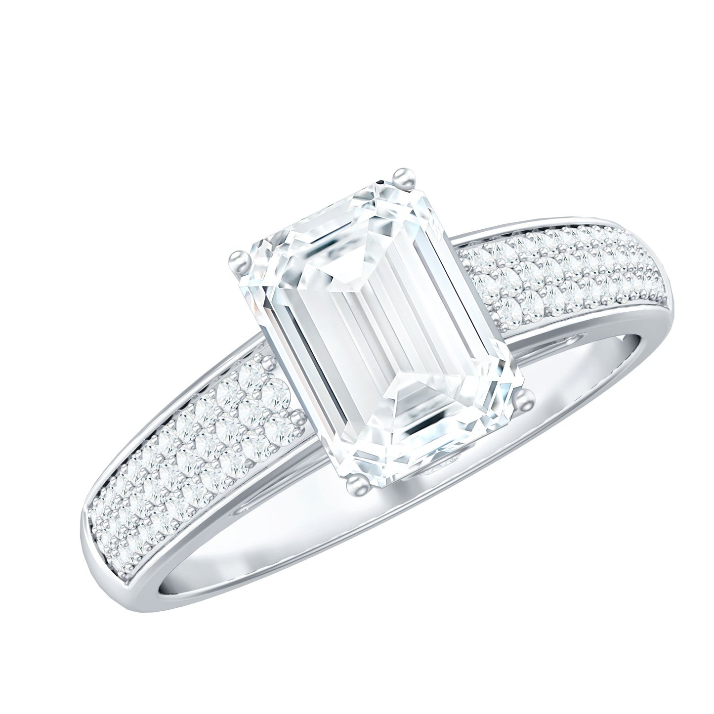 Emerald Cut Moissanite Side Stone Engagement Ring