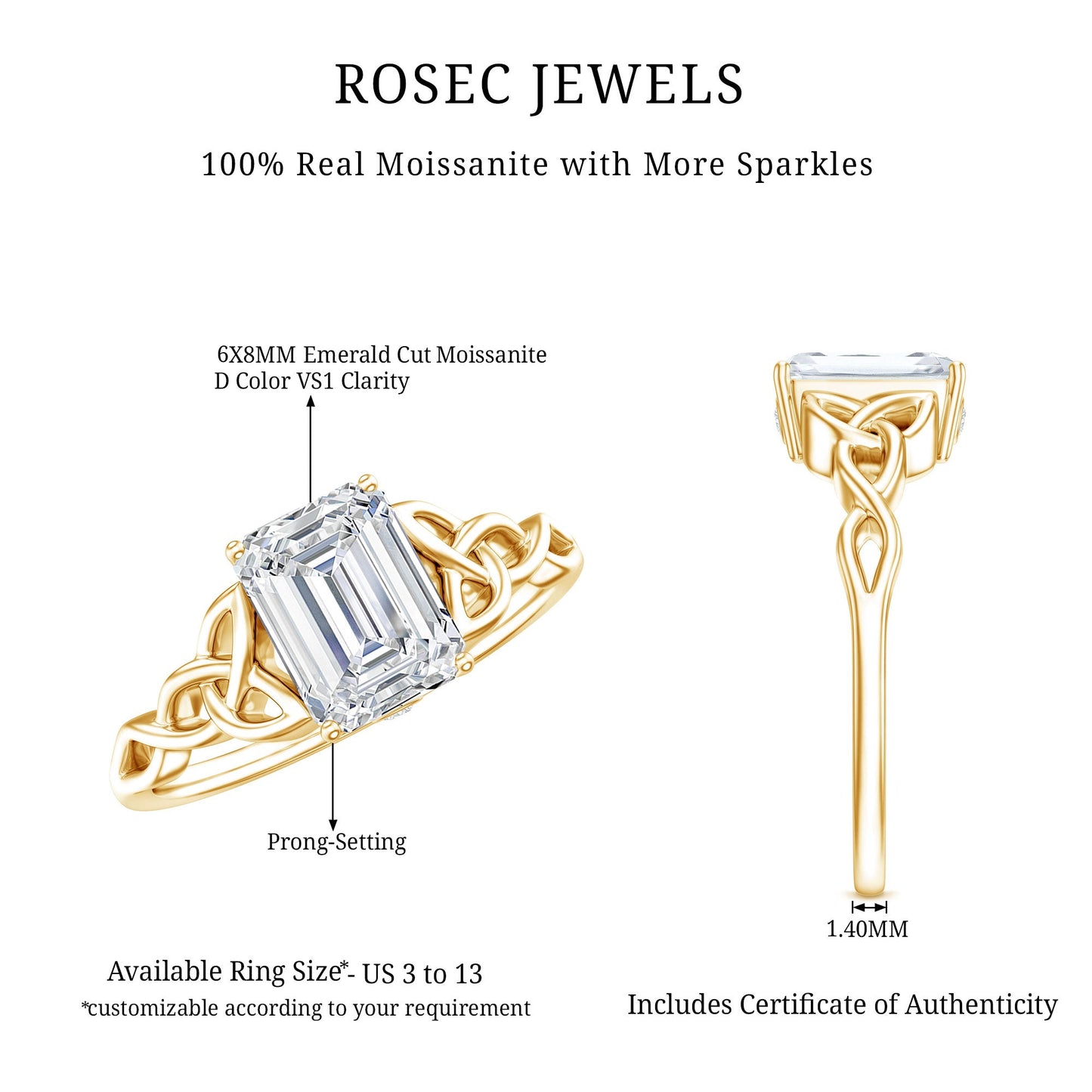 1.8 Carat Emerald Cut Moissanite Engagement Ring with Celtic Details