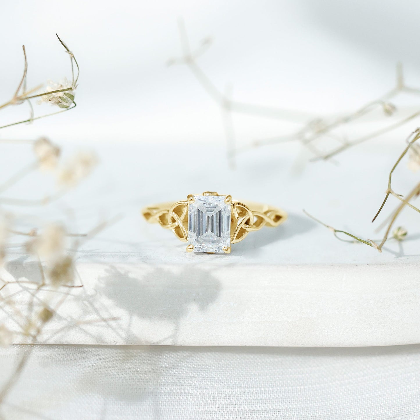 1.8 Carat Emerald Cut Moissanite Engagement Ring with Celtic Details