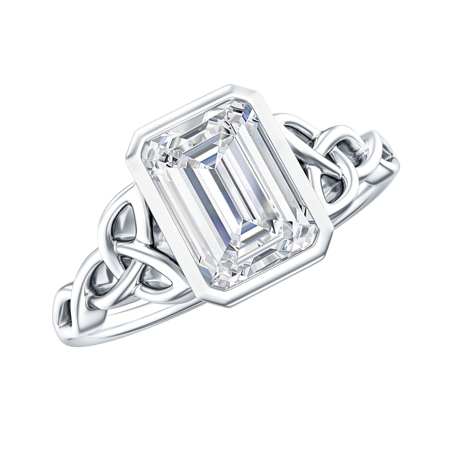 Bezel Set Emerald Cut Moissanite Celtic Engagement Ring