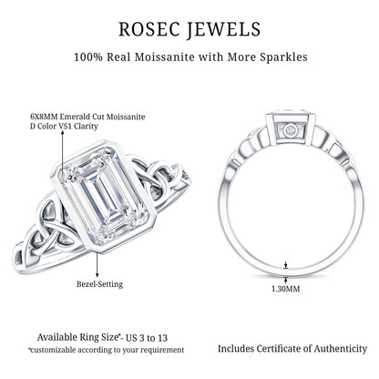 Bezel Set Emerald Cut Moissanite Celtic Engagement Ring