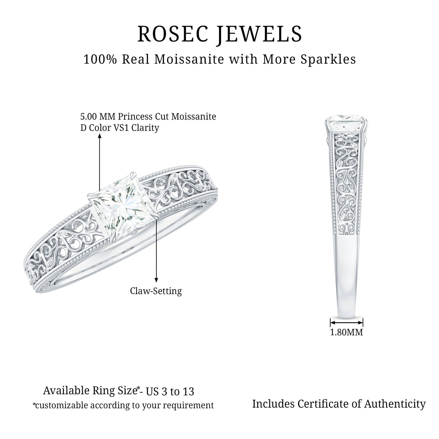 Princess Cut Solitaire Moissanite Filigree Engagement Ring