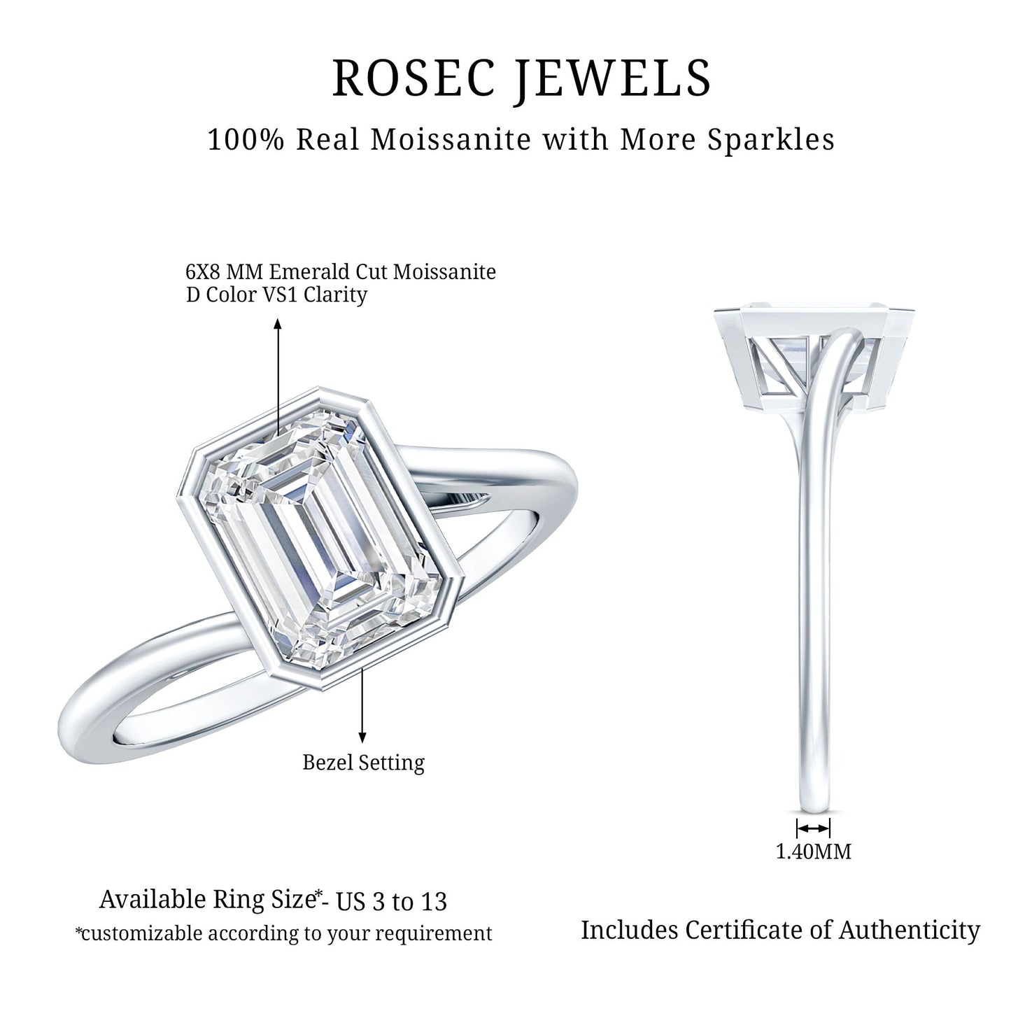 1.8 Emerald Cut Moissanite Engagement Ring For Women
