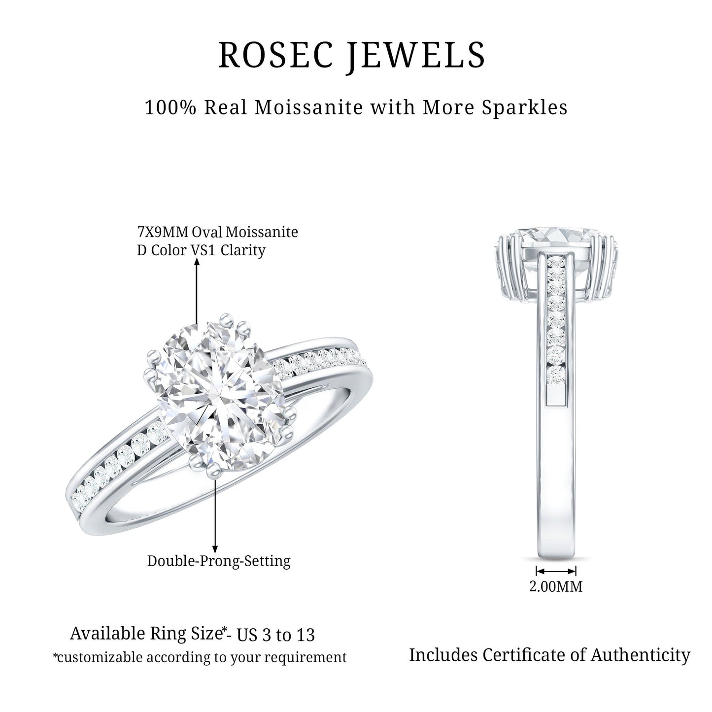 Certified Moissanite Oblong Engagement Ring in Double Prong Setting
